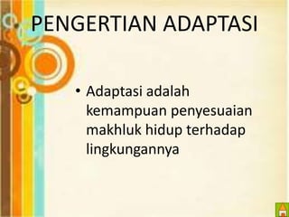 PENGERTIAN ADAPTASI 
• Adaptasi adalah 
kemampuan penyesuaian 
makhluk hidup terhadap 
lingkungannya 
 