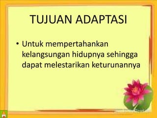 TUJUAN ADAPTASI 
• Untuk mempertahankan 
kelangsungan hidupnya sehingga 
dapat melestarikan keturunannya 
 