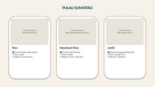 PULAU SUMATERA
[ Ilustrasi Visual
Khas Daerah Riau ]
Riau
🏠 Rumah: Selaso Jatuh Kembar
💃 Tarian: Zapin
🍲 Makanan: Gulai Belacan
[ Ilustrasi Visual
Khas Daerah Kepulauan Riau ]
Kepulauan Riau
🏠 Rumah: Belah Bubung
💃 Tarian: Tandak
🍲 Makanan: Prata / Otak-otak
[ Ilustrasi Visual
Khas Daerah Jambi ]
Jambi
🏠 Rumah: Panggung Kajang Leko
💃 Tarian: Sekapur Sirih
🍲 Makanan: Tempoyak
 
