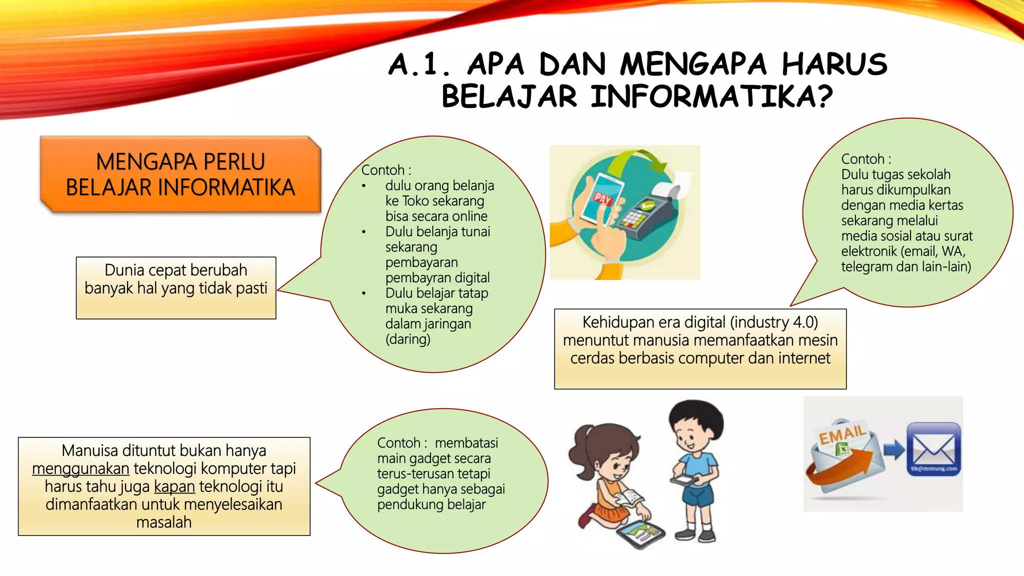 A.1. APA DAN MENGAPA HARUS
BELAJAR INFORMATIKA?
Manuisa dituntut bukan hanya
menggunakan teknologi komputer tapi
harus tahu juga kapan teknologi itu
dimanfaatkan untuk menyelesaikan
masalah
MENGAPA PERLU
BELAJAR INFORMATIKA
Dunia cepat berubah
banyak hal yang tidak pasti
Kehidupan era digital (industry 4.0)
menuntut manusia memanfaatkan mesin
cerdas berbasis computer dan internet
Contoh :
• dulu orang belanja
ke Toko sekarang
bisa secara online
• Dulu belanja tunai
sekarang
pembayaran
pembayran digital
• Dulu belajar tatap
muka sekarang
dalam jaringan
(daring)
Contoh :
Dulu tugas sekolah
harus dikumpulkan
dengan media kertas
sekarang melalui
media sosial atau surat
elektronik (email, WA,
telegram dan lain-lain)
Contoh : membatasi
main gadget secara
terus-terusan tetapi
gadget hanya sebagai
pendukung belajar
 