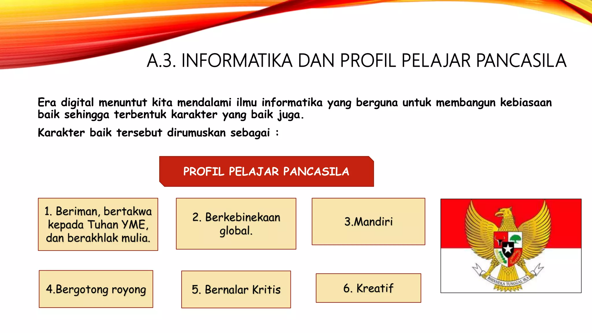A.3. INFORMATIKA DAN PROFIL PELAJAR PANCASILA
Era digital menuntut kita mendalami ilmu informatika yang berguna untuk membangun kebiasaan
baik sehingga terbentuk karakter yang baik juga.
Karakter baik tersebut dirumuskan sebagai :
1. Beriman, bertakwa
kepada Tuhan YME,
dan berakhlak mulia.
5. Bernalar Kritis
4.Bergotong royong
3.Mandiri
2. Berkebinekaan
global.
6. Kreatif
PROFIL PELAJAR PANCASILA
 
