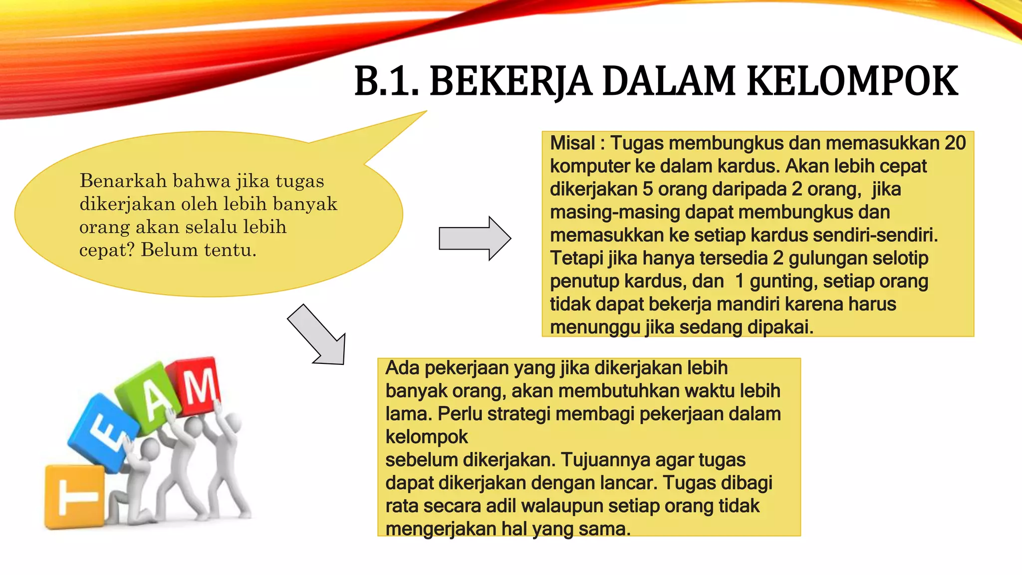 B.1. BEKERJA DALAM KELOMPOK
Benarkah bahwa jika tugas
dikerjakan oleh lebih banyak
orang akan selalu lebih
cepat? Belum tentu.
Misal : Tugas membungkus dan memasukkan 20
komputer ke dalam kardus. Akan lebih cepat
dikerjakan 5 orang daripada 2 orang, jika
masing-masing dapat membungkus dan
memasukkan ke setiap kardus sendiri-sendiri.
Tetapi jika hanya tersedia 2 gulungan selotip
penutup kardus, dan 1 gunting, setiap orang
tidak dapat bekerja mandiri karena harus
menunggu jika sedang dipakai.
Ada pekerjaan yang jika dikerjakan lebih
banyak orang, akan membutuhkan waktu lebih
lama. Perlu strategi membagi pekerjaan dalam
kelompok
sebelum dikerjakan. Tujuannya agar tugas
dapat dikerjakan dengan lancar. Tugas dibagi
rata secara adil walaupun setiap orang tidak
mengerjakan hal yang sama.
 