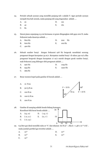 24.    Periode sebuah ayunan yang memiliki panjang tali x adalah T. Agar periode ayunan
       menjadi dua kali semula, maka panjang tali yang dugunakan adalah ….
       A.    2x                                       D.   12x
       B.    4x                                       E.   16x
       C.    8x


25.    Dawai piano sepanjang 0,5 cm bermassa 10 gram ditegangkan oleh gaya 200 N, maka
       frekuensi nada dasarnya adalah ….
       A.    800 Hz                                   D.   200         Hz
       B.    600 Hz                                   E.   100 Hz
       C.    400 Hz


26.    Sebuah sumber bunyi         dengan frekuensi 918 Hz bergerak mendekati seorang
       pengamat dengan kecepatan 34 m/s. Kecepatan rambat bunyi di udara 340 m/s.Jika
       pengamat bergerak dengan kecepatan 17 m/s searah dengan gerak sumber bunyi,
       mak frekuensi yang didengar oleh pengamat adalah ….
       A.    920 Hz                                   D.   1194 Hz
       B.    934 Hz                                   E.   1220 Hz
       C.    969 Hz


27.    Besar momen kopel pada gambar di bawah adalah ….


       A.    10 N.m

       B.    50√3 N.m                                        F = 10 N                600

       C.    100 N.m                                                        10 m   F = 10 N
                                                                 600
       D.    100√2 N.m

       E.    200 N.m


28.    Gambar di samping adalah benda bidang homogen.
       Koordinat titik berat benda adalah ….         30
       A.    (15, 11)         D.    ( 15, 7 )
       B.    ( 17, 11 )       E.    (11, 7 )         10
       C.    ( 17, 15 )

                                                       0   10     20        30
29.   6,9 liter gas ideal memiliki suhu 27 C dan tekanan 60 N.m . Jika k = 1,38 x 10-23 J.K-1,
                                           0                       -2


      maka jumlah partikel gas tersebut adalah ….
      A.     1016                                     D.   1020
      B.     1018                                     E.   1022
      C.     1019



                                                31                 mr.iksan@guru.fisika.net
 