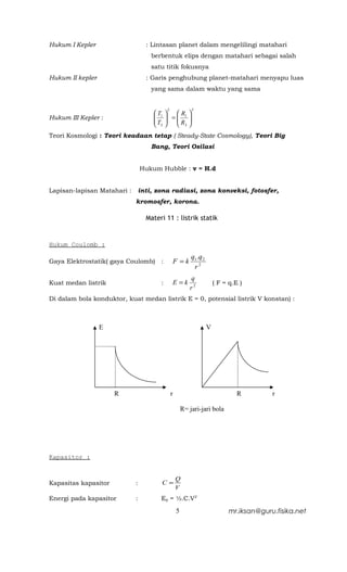 Hukum I Kepler                    : Lintasan planet dalam mengelilingi matahari
                                    berbentuk elips dengan matahari sebagai salah
                                    satu titik fokusnya
Hukum II kepler                   : Garis penghubung planet-matahari menyapu luas
                                    yang sama dalam waktu yang sama


                                            2               3
                                      T1     R 
Hukum III Kepler :                   
                                     T      = 1 
                                              R 
                                      2       2
Teori Kosmologi : Teori keadaan tetap ( Steady-State Cosmology), Teori Big
                                    Bang, Teori Osilasi


                                 Hukum Hubble : v = H.d


Lapisan-lapisan Matahari :   inti, zona radiasi, zona konveksi, fotosfer,
                             kromosfer, korona.

                                  Materi 11 : listrik statik


Hukum Coulomb :
                                                            q1 .q 2
Gaya Elektrostatik( gaya Coulomb)       :           F =k
                                                             r2
                                                           q
Kuat medan listrik                      :           E =k                  ( F = q.E )
                                                           r2
Di dalam bola konduktor, kuat medan listrik E = 0, potensial listrik V konstan) :



                  E                                                   V




                      R                         r                                  R         r

                                                        R= jari-jari bola




Kapasitor :


                                                    Q
Kapasitas kapasitor          :          C=
                                                    V
Energi pada kapasitor        :          Ep = ½.C.V2

                                                    5                           mr.iksan@guru.fisika.net
 