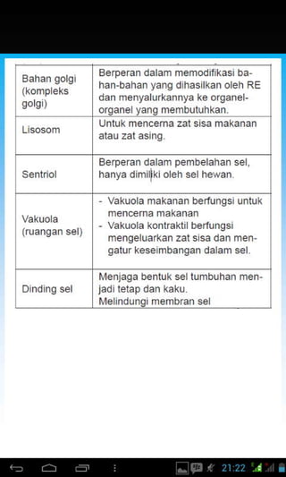 Bahar gorgi
sols )
Berperan dalarn memodifkasi ba
han-bahan yang d haslkan oleh RE
dan menyalurkannya ke organel-
organe yang membutuhkan.
untuk mencerna zat s sa makanan
Berperan dalam pembelahan sel
hanya dimitk oehse hewan
Vakuo a makanan berfungs uniuk
Vakuo a konlraldil bertungsi
mengeluarkan zai ssa dan men
gatur keseimbangan da am sel
Dindir9 sel
l4enjaga beniuk se tumbuhan men
Me ndunoimembran se
 