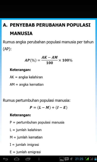 A. PENYEBAB PERUBAHAN POPUL]ASI
MANUSIA
Rumusangka perubahan populasi manusia pertahun
(AP):
AK_AM
AP(ok) = 1OO
>< looyo
Rumus pertumbuhan populasi manusia:
P=(L_M)+(t_E)
Keterangan:
P = pertumbuhan populasi manusia
L = juml-h kelahir-n
[4 = jumlah kematan
I = jumlah imisrasi
E = jumlah emiqrasi
 