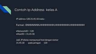 Contoh Ip Address kelas A
IP address 120.31.45.18 maka :
Format : 0NNNNNNN.HHHHHHHH.HHHHHHHH.HHHHHHHH
•NetworkID = 120
•HostID = 31.45.18
Jadi, IP diatas mempunyai host dengan nomor
31.45.18 pada jaringan 120
 