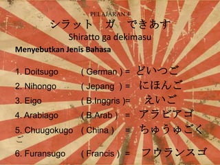 PELAJARAN 4

å



Ǥ

Shiratto ga dekimasu
Menyebutkan Jenis Bahasa

=

ɤĤ
ˤۤ

ӥ
夦头

( Francis ) =

ե󥹥

1. Doitsugo

( German ) =

2. Nihongo

( Jepang ) =

3. Eigo

( B.Inggris )=

4. Arabiago

( B.Arab ) =

5. Chuugokugo ( China )

6. Furansugo

 