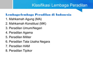 Klasifikasi Lembaga Peradilan
Lembaga-lembaga Peradilan di Indonesia
1. Mahkamah Agung (MA)
2. Mahkamah Konstitusi (MK)
3. Peradilan Umum/Negeri
4. Peradilan Agama
5. Peradilan Militer
6. Peradilan Tata Usaha Negara
7. Peradilan HAM
8. Peradilan Tipikor
 