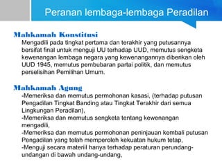 Peranan lembaga-lembaga Peradilan
Mahkamah Konstitusi
Mengadili pada tingkat pertama dan terakhir yang putusannya
bersifat final untuk menguji UU terhadap UUD, memutus sengketa
kewenangan lembaga negara yang kewenangannya diberikan oleh
UUD 1945, memutus pembubaran partai politik, dan memutus
perselisihan Pemilihan Umum.
Mahkamah Agung
-Memeriksa dan memutus permohonan kasasi, (terhadap putusan
Pengadilan Tingkat Banding atau Tingkat Terakhir dari semua
Lingkungan Peradilan),
-Memeriksa dan memutus sengketa tentang kewenangan
mengadili,
-Memeriksa dan memutus permohonan peninjauan kembali putusan
Pengadilan yang telah memperoleh kekuatan hukum tetap,
-Menguji secara materiil hanya terhadap peraturan perundang-
undangan di bawah undang-undang,
 