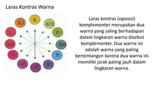 Laras kontras (oposisi)
komplementer merupakan dua
warna yang saling berhadapan
dalam lingkaran warna disebut
komplementer. Dua warna ini
adalah warna yang paling
bertentangan karena dua warna ini
memiliki jarak paling jauh dalam
lingkaran warna.
Laras Kontras Warna
 