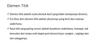 Elemen Titik
 Elemen titik adalah suatu bentuk kecil yang tidak mempunyai dimensi.
 Ciri khas dari elemen titik adalah ukurannya yang kecil dan rautnya
sederhana.
 Raut titik yang paling umum adalah bundaran sederhana, mampat, tak
bersudut dan tanpa arah dapat pula beraut bujur sangkar , segitiga dan
lain sebagainya.
 