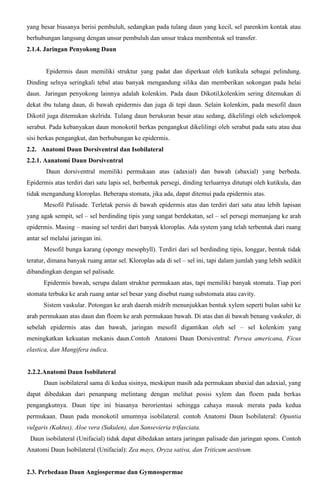 yang besar biasanya berisi pembuluh, sedangkan pada tulang daun yang kecil, sel parenkim kontak atau
berhubungan langsung dengan unsur pembuluh dan unsur trakea membentuk sel transfer.
2.1.4. Jaringan Penyokong Daun
Epidermis daun memiliki struktur yang padat dan diperkuat oleh kutikula sebagai pelindung.
Dinding selnya seringkali tebal atau banyak mengandung silika dan memberikan sokongan pada helai
daun. Jaringan penyokong lainnya adalah kolenkim. Pada daun Dikotil,kolenkim sering ditemukan di
dekat ibu tulang daun, di bawah epidermis dan juga di tepi daun. Selain kolenkim, pada mesofil daun
Dikotil juga ditemukan skelrida. Tulang daun berukuran besar atau sedang, dikelilingi oleh sekelompok
serabut. Pada kebanyakan daun monokotil berkas pengangkut dikelilingi oleh serabut pada satu atau dua
sisi berkas pengangkut, dan berhubungan ke epidermis.
2.2. Anatomi Daun Dorsiventral dan Isobilateral
2.2.1. Aanatomi Daun Dorsiventral
Daun dorsiventral memiliki permukaan atas (adaxial) dan bawah (abaxial) yang berbeda.
Epidermis atas terdiri dari satu lapis sel, berbentuk persegi, dinding terluarnya ditutupi oleh kutikula, dan
tidak mengandung kloroplas. Beberapa stomata, jika ada, dapat ditemui pada epidermis atas.
Mesofil Palisade. Terletak persis di bawah epidermis atas dan terdiri dari satu atau lebih lapisan
yang agak sempit, sel – sel berdinding tipis yang sangat berdekatan, sel – sel persegi memanjang ke arah
epidermis. Masing – masing sel terdiri dari banyak kloroplas. Ada system yang telah terbentuk dari ruang
antar sel melalui jaringan ini.
Mesofil bunga karang (spongy mesophyll). Terdiri dari sel berdinding tipis, longgar, bentuk tidak
teratur, dimana banyak ruang antar sel. Kloroplas ada di sel – sel ini, tapi dalam jumlah yang lebih sedikit
dibandingkan dengan sel palisade.
Epidermis bawah, serupa dalam struktur permukaan atas, tapi memiliki banyak stomata. Tiap pori
stomata terbuka ke arah ruang antar sel besar yang disebut ruang substomata atau cavity.
Sistem vaskular. Potongan ke arah daerah midrib menunjukkan bentuk xylem seperti bulan sabit ke
arah permukaan atas daun dan floem ke arah permukaan bawah. Di atas dan di bawah benang vaskuler, di
sebelah epidermis atas dan bawah, jaringan mesofil digantikan oleh sel – sel kolenkim yang
meningkatkan kekuatan mekanis daun.Contoh Anatomi Daun Dorsiventral: Persea americana, Ficus
elastica, dan Mangifera indica.
2.2.2.Anatomi Daun Isobilateral
Daun isobilateral sama di kedua sisinya, meskipun masih ada permukaan abaxial dan adaxial, yang
dapat dibedakan dari penanpang melintang dengan melihat posisi xylem dan floem pada berkas
pengangkutnya. Daun tipe ini biasanya berorientasi sehingga cahaya masuk merata pada kedua
permukaan. Daun pada monokotil umumnya isobilateral. contoh Anatomi Daun Isobilateral: Opuntia
vulgaris (Kaktus), Aloe vera (Sukulen), dan Sansevieria trifasciata.
Daun isobilateral (Unifacial) tidak dapat dibedakan antara jaringan palisade dan jaringan spons. Contoh
Anatomi Daun Isobilateral (Unifacial): Zea mays, Oryza sativa, dan Triticum aestivum.
2.3. Perbedaan Daun Angiospermae dan Gymnospermae
 