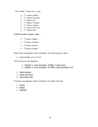 88
OSI memiliki 7 lapisan/layer, yaitu :
 ™ Lapisan Aplikasi
 ™ Lapisan Presentasi
 ™ Lapisan Sesi
 ™ Lapisan Transport
 ™ Lapisan Jaringan
 ™ Lapisan Data Link
 ™ Lapisan Fisik
TCP/IP memiliki 4 lapisan, yaitu :
 ™ Lapisan Aplikasi
 ™ Lapisan Transport
 ™ Lapisan Internet
 ™ Lapisan Jaringan
Media fisik yang digunakan dalam komunikasi data dalam jaringan adalah :
 Kabel Berpilin (Twisted Pair)
Ada dua kategori yang digunakan :
 Kategori 3, untuk kecepatan 10 Mbps (model lama)
 Kategori 5, untuk kecepatan 100 Mbps, biasa disingkat Cat 5
 Kabel koaksial
 Kabel serat kaca
 Gelombang radio
Perangkat yang digunakan dalam komunikasi data adalah antara lain :
 Router
 Bridge
 Repeater
 
