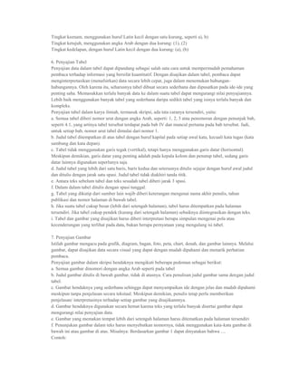 Tingkat keenam, menggunakan huruf Latin kecil dengan satu kurung, seperti a), b)
Tingkat ketujuh, menggunakan angka Arab dengan dua kurung: (1), (2)
Tingkat kedelapan, dengan huruf Latin kecil dengan dua kurung: (a), (b)

6. Penyajian Tabel
Penyajian data dalam tabel dapat dipandang sebagai salah satu cara untuk mempermudah pemahaman
pembaca terhadap informasi yang bersifat kuantitatif. Dengan disajikan dalam tabel, pembaca dapat
menginterpretasikan (menafsirkan) data secara lebih cepat, juga dalam menemukan hubungan-
hubungannya. Oleh karena itu, seharusnya tabel dibuat secara sederhana dan dipusatkan pada ide-ide yang
penting saha. Memasukkan terlalu banyak data ke dalam suatu tabel dapat mengurangi nilai penyajiannya.
Lebih baik menggunakan banyak tabel yang sederhana daripa sedikit tabel yang isinya terlalu banyak dan
kompleks.
Penyajian tabel dalam karya ilmiah, termasuk skripsi, ada tata caranya tersendiri, yaitu:
a. Semua tabel diberi nomor urut dengan angka Arab, seperti: 1, 2, 3 atau penomoran dengan penunjuk bab,
seperti 4.1, yang artinya tabel tersebut terdapat pada bab IV dan muncul pertama pada bab tersebut. Jadi,
untuk setiap bab, nomor urut tabel dimulai dari nomor 1.
b. Judul tabel ditempatkan di atas tabel dengan huruf kapital pada setiap awal kata, kecuali kata tugas (kata
sambung dan kata depan).
c. Tabel tidak menggunakan garis tegak (vertikal), tetapi hanya menggunakan garis datar (horisontal).
Meskipun demikian, garis datar yang penting adalah pada kepala kolom dan penutup tabel, sedang garis
datar lainnya digunakan seperlunya saja.
d. Judul tabel yang lebih dari satu baris, baris kedua dan seterusnya ditulis sejajar dengan huruf awal judul
dan ditulis dengan jarak satu spasi. Judul tabel tidak diakhiri tanda titik.
e. Antara teks sebelum tabel dan teks sesudah tabel diberi jarak 3 spasi.
f. Dalam dalam tabel ditulis dengan spasi tunggal.
g. Tabel yang dikutip dari sumber lain wajib diberi keterangan mengenai nama akhir penulis, tahun
publikasi dan nomor halaman di bawah tabel.
h. Jika suatu tabel cukup besar (lebih dari setengah halaman), tabel harus ditempatkan pada halaman
tersendiri. Jika tabel cukup pendek (kurang dari setengah halaman) sebaiknya diintegrasikan dengan teks.
i. Tabel dan gambar yang disajikan harus diberi interpretasi berupa simpulan mengenai pola atau
kecenderungan yang terlihat pada data, bukan berupa pernyataan yang mengulang isi tabel.

7. Penyajian Gambar
Istilah gambar mengacu pada grafik, diagram, bagan, foto, peta, chart, denah, dan gambar lainnya. Melalui
gambar, dapat disajikan data secara visual yang dapat dengan mudah dipahami dan menarik perhatian
pembaca.
Penyajian gambar dalam skripsi hendaknya mengikuti beberapa pedoman sebagai berikut:
a. Semua gambar dinomori dengan angka Arab seperti pada tabel
b. Judul gambar ditulis di bawah gambar, tidak di atasnya. Cara penulisan judul gambar sama dengan judul
tabel.
c. Gambar hendaknya yang sederhana sehingga dapat menyampaikan ide dengan jelas dan mudah dipahami
meskipun tanpa penjelasan secara tekstual. Meskipun demikian, penulis tetap perlu memberikan
penjelasan/ interpretasinya terhadap setiap gambar yang disajikannnya.
d. Gambar hendaknya digunakan secara hemat karena teks yang terlalu banyak disertai gambar dapat
mengurangi nilai penyajian data.
e. Gambar yang memakan tempat lebih dari setengah halaman harus ditematkan pada halaman tersendiri
f. Penunjukan gambar dalam teks harus menyebutkan nomornya, tidak menggunakan kata-kata gambar di
bawah ini atau gambar di atas. Misalnya: Berdasarkan gambar 1 dapat dinyatakan bahwa ....
Contoh:
 