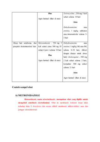 Plus
Agen luminal (lihat di atas)
Tertracycline , 250 mg 3 kali
sehari selama 10 hari
Atau
Dehydroemetine atau
emitine, 1 mg/kg subkutan
atau intramuskular selama 3-
5 hari
Abses hati ameboma, dan
penyakit ekstraintestinal lain
Metronidazole , 750 mg 3
kali sehari (atau 500 mg IV
setiap 6 jam ) selama 10 hari
Plus
Agen luminal (lihat di atas)
Dehydroemetine atau
emitine, 1 mg/kg SK atau IM,
selama 8-10 hari, diikuti
dengan (hanya untuk abses
hati) choloroquine , 500 mg
2 kali sehari selama 2 hari,
kemudian 500 mg sehari
selama 21 hari
Atau
Agen luminal (lihat di atas)
Contoh sampel obat
A) METRONIDAZOLE
Metronidazole, suatu nitroimidazole , merupakan obat yang dipilih untuk
mengobati amebiasis ekstraluminal. Obat ini membunuh trofozoit tetapi tidak
terhadap kista E histolytica dan secara efektif membasmi infeksi-infeksi usus dan
jaringan ekstraintestinal.
 