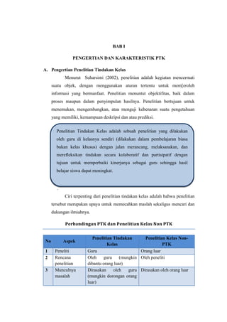 BAB I

                PENGERTIAN DAN KARAKTERISTIK PTK

A. Pengertian Penelitian Tindakan Kelas
           Menurut Suharsimi (2002), penelitian adalah kegiatan mencermati
     suatu objek, dengan menggunakan aturan tertentu untuk mem[eroleh
     informasi yang bermanfaat. Penelitian menuntut objektifitas, baik dalam
     proses maupun dalam penyimpulan hasilnya. Penelitian bertujuan untuk
     menemukan, mengembangkan, atau menguji kebenaran suatu pengetahuan
     yang memiliki, kemampuan deskripsi dan atau prediksi.


       Penelitian Tindakan Kelas adalah sebuah penelitian yang dilakukan
       oleh guru di kelasnya sendiri (dilakukan dalam pembelajaran biasa
       bukan kelas khusus) dengan jalan merancang, melaksanakan, dan
       merefleksikan tindakan secara kolaboratif dan partisipatif dengan
       tujuan untuk memperbaiki kinerjanya sebagai guru sehingga hasil
       belajar siswa dapat meningkat.


       .
           Ciri terpenting dari penelitian tindakan kelas adalah bahwa penelitian
     tersebut merupakan upaya untuk memecahkan maslah sekaligus mencari dan
     dukungan ilmiahnya.

            Perbandingan PTK dan Penelitian Kelas Non PTK


                          Penelitian Tindakan      Penelitian Kelas Non-
No         Aspek
                                  Kelas                     PTK
1     Peneliti         Guru                      Orang luar
2     Rencana          Oleh     guru    (mungkin Oleh peneliti
      penelitian       dibantu orang luar)
3     Munculnya        Dirasakan     oleh   guru Dirasakan oleh orang luar
      masalah          (mungkin dorongan orang
                       luar)
 