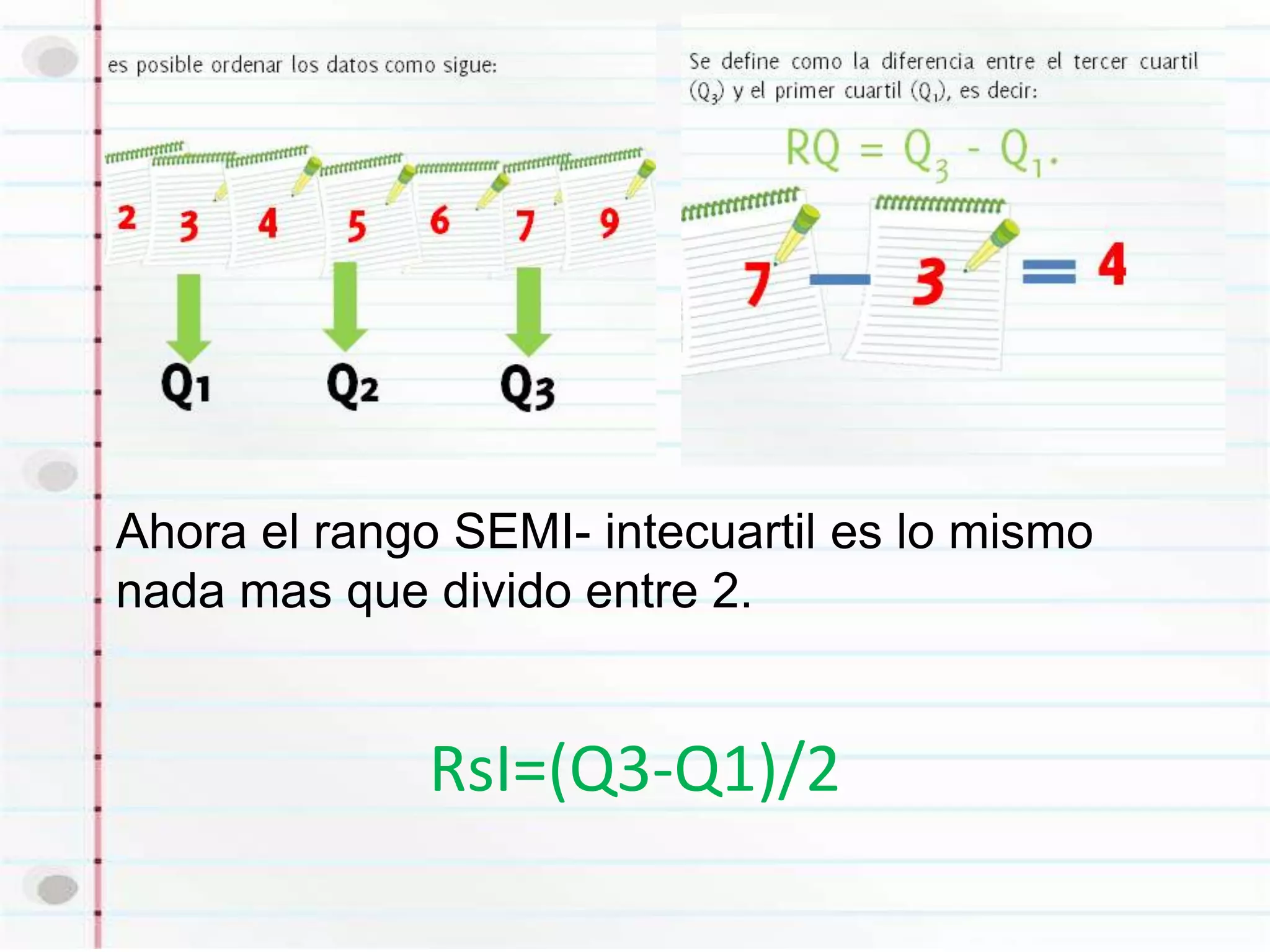 Ahora el rango SEMI- intecuartil es lo mismo
nada mas que divido entre 2.


              RsI=(Q3-Q1)/2
 