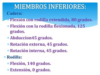  Cadera:
 Flexión con rodilla extendida, 80 grados.
 Flexión con la rodilla flexionada, 125
grados.
 Abduccion45 grados.
 Rotación externa, 45 grados.
 Rotación interna, 45 grados.
 Rodilla:
 Flexión, 140 grados.
 Extensión, 0 grados.
 