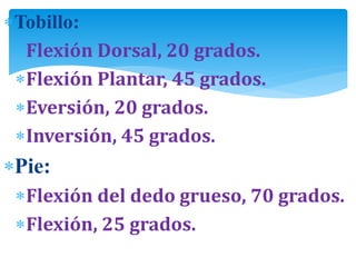 Tobillo:
Flexión Dorsal, 20 grados.
Flexión Plantar, 45 grados.
Eversión, 20 grados.
Inversión, 45 grados.
Pie:
Flexión del dedo grueso, 70 grados.
Flexión, 25 grados.
 