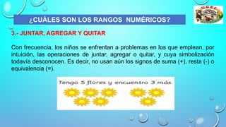 3.- JUNTAR, AGREGAR Y QUITAR
Con frecuencia, los niños se enfrentan a problemas en los que emplean, por
intuición, las operaciones de juntar, agregar o quitar, y cuya simbolización
todavía desconocen. Es decir, no usan aún los signos de suma (+), resta (-) o
equivalencia (=).
¿CUÁLES SON LOS RANGOS NUMÉRICOS?
 