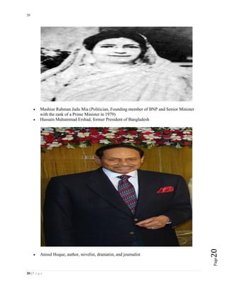 20
20 | P a g e
Page20
 Mashiur Rahman Jadu Mia (Politician, Founding member of BNP and Senior Minister
with the rank of a Prime Minister in 1979)
 Hussain Muhammad Ershad, former President of Bangladesh
 Anisul Hoque, author, novelist, dramatist, and journalist
 