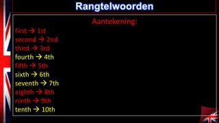 Rangtelwoorden
Aantekening:
first  1st
second  2nd
third  3rd
fourth  4th
fifth  5th
sixth  6th
seventh  7th
eighth  8th
ninth  9th
tenth  10th

 