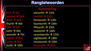 Rangtelwoorden
Aantekening:
first  1st
second  2nd
third  3rd
fourth  4th
fifth  5th
sixth  6th
seventh  7th
eighth  8th
ninth  9th
tenth  10th

eleventh  11th
twelfth  12th
thirteenth  13th
fourteenth  14th
fifteenth  15th
sixteenth  16th
seventeenth  17th
eighteenth  18th
nineteenth  19th
twentieth  20th

 