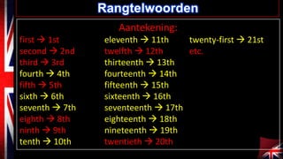 Rangtelwoorden
Aantekening:
first  1st
second  2nd
third  3rd
fourth  4th
fifth  5th
sixth  6th
seventh  7th
eighth  8th
ninth  9th
tenth  10th

eleventh  11th
twenty-first  21st
twelfth  12th
etc.
thirteenth  13th
fourteenth  14th
fifteenth  15th
sixteenth  16th
seventeenth  17th
eighteenth  18th
nineteenth  19th
twentieth  20th

 
