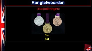 Rangtelwoorden
Uitzonderingen:

first
1st

 