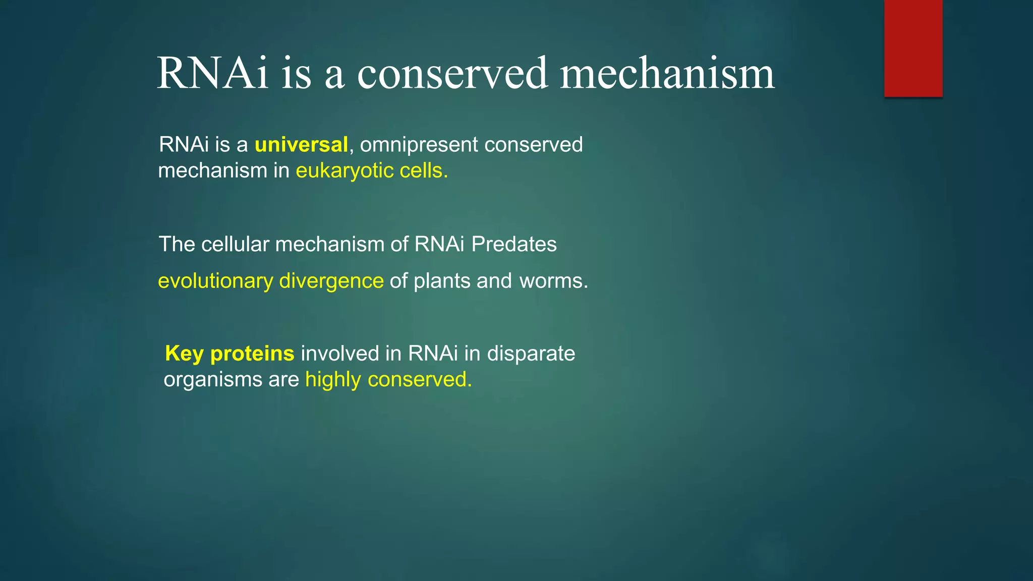 RNAi is a conserved mechanism
RNAi is a universal, omnipresent conserved
mechanism in eukaryotic cells.
The cellular mechanism of RNAi Predates
evolutionary divergence of plants and worms.
Key proteins involved in RNAi in disparate
organisms are highly conserved.
 