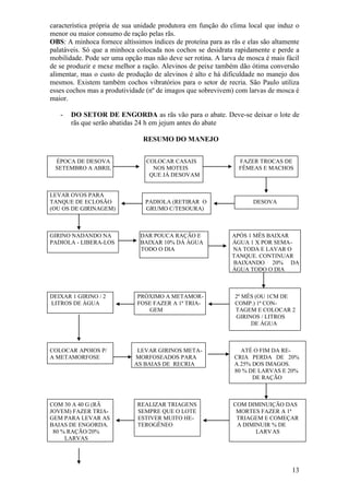 13 
característica própria de sua unidade produtora em função do clima local que induz o menor ou maior consumo de ração pelas rãs. OBS: A minhoca fornece altíssimos índices de proteína para as rãs e elas são altamente palatáveis. Só que a minhoca colocada nos cochos se desidrata rapidamente e perde a mobilidade. Pode ser uma opção mas não deve ser rotina. A larva de mosca é mais fácil de se produzir e mexe melhor a ração. Alevinos de peixe também dão ótima conversão alimentar, mas o custo de produção de alevinos é alto e há dificuldade no manejo dos mesmos. Existem também cochos vibratórios para o setor de recria. São Paulo utiliza esses cochos mas a produtividade (nº de imagos que sobrevivem) com larvas de mosca é maior. 
- DO SETOR DE ENGORDA as rãs vão para o abate. Deve-se deixar o lote de rãs que serão abatidas 24 h em jejum antes do abate 
RESUMO DO MANEJO 
ÉPOCA DE DESOVA COLOCAR CASAIS FAZER TROCAS DE 
SETEMBRO A ABRIL NOS MOTEIS FÊMEAS E MACHOS 
QUE JÁ DESOVAM 
LEVAR OVOS PARA 
TANQUE DE ECLOSÃO PADIOLA (RETIRAR O DESOVA (OU OS DE GIRINAGEM) GRUMO C/TESOURA) 
GIRINO NADANDO NA DAR POUCA RAÇÃO E APÓS 1 MÊS BAIXAR 
PADIOLA - LIBERA-LOS BAIXAR 10% DÁ ÁGUA ÁGUA 1 X POR SEMA- 
TODO O DIA NA TODA E LAVAR O TANQUE. CONTINUAR BAIXANDO 20% DA ÁGUA TODO O DIA 
DEIXAR 1 GIRINO / 2 PRÓXIMO A METAMOR- 2º MÊS (OU 1CM DE 
LITROS DE ÁGUA FOSE FAZER A 1ª TRIA- COMP.) 1ª CON- GEM TAGEM E COLOCAR 2 
GIRINOS / LITROS DE ÁGUA 
COLOCAR APOIOS P/ LEVAR GIRINOS META- ATÉ O FIM DA RE- 
A METAMORFOSE MORFOSEADOS PARA CRIA PERDA DE 20% AS BAIAS DE RECRIA A 25% DOS IMAGOS. 80 % DE LARVAS E 20% DE RAÇÃO 
COM 30 A 40 G (RÃ REALIZAR TRIAGENS COM DIMINUIÇÃO DAS JOVEM) FAZER TRIA- SEMPRE QUE O LOTE MORTES FAZER A 1ª 
GEM PARA LEVAR AS ESTIVER MUITO HE- TRIAGEM E COMEÇAR BAIAS DE ENGORDA. TEROGÊNEO A DIMINUIR % DE 80 % RAÇÃO/20% LARVAS LARVAS 
 
