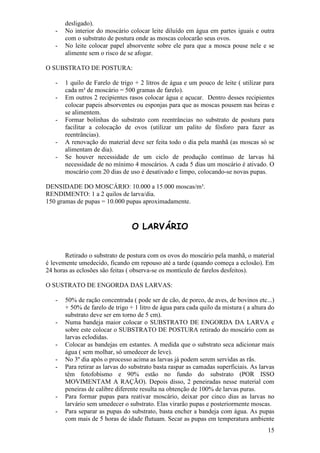 15 
desligado). 
- No interior do moscário colocar leite diluído em água em partes iguais e outra com o substrato de postura onde as moscas colocarão seus ovos. 
- No leite colocar papel absorvente sobre ele para que a mosca pouse nele e se alimente sem o risco de se afogar. 
O SUBSTRATO DE POSTURA: 
- 1 quilo de Farelo de trigo + 2 litros de água e um pouco de leite ( utilizar para cada m³ de moscário = 500 gramas de farelo). 
- Em outros 2 recipientes rasos colocar água e açucar. Dentro desses recipientes colocar papeis absorventes ou esponjas para que as moscas pousem nas beiras e se alimentem. 
- Formar bolinhas do substrato com reentrâncias no substrato de postura para facilitar a colocação de ovos (utilizar um palito de fósforo para fazer as reentrâncias). 
- A renovação do material deve ser feita todo o dia pela manhã (as moscas só se alimentam de dia). 
- Se houver necessidade de um ciclo de produção contínuo de larvas há necessidade de no mínimo 4 moscários. A cada 5 dias um moscário é ativado. O moscário com 20 dias de uso é desativado e limpo, colocando-se novas pupas. 
DENSIDADE DO MOSCÁRIO: 10.000 a 15.000 moscas/m³. RENDIMENTO: 1 a 2 quilos de larva/dia. 150 gramas de pupas = 10.000 pupas aproximadamente. O LARVÁRIO Retirado o substrato de postura com os ovos do moscário pela manhã, o material é levemente umedecido, ficando em repouso até a tarde (quando começa a eclosão). Em 24 horas as eclosões são feitas ( observa-se os montículo de farelos desfeitos). O SUSTRATO DE ENGORDA DAS LARVAS: 
- 50% de ração concentrada ( pode ser de cão, de porco, de aves, de bovinos etc...) + 50% de farelo de trigo + 1 litro de água para cada quilo da mistura ( a altura do substrato deve ser em torno de 5 cm). 
- Numa bandeja maior colocar o SUBSTRATO DE ENGORDA DA LARVA e sobre este colocar o SUBSTRATO DE POSTURA retirado do moscário com as larvas eclodidas. 
- Colocar as bandejas em estantes. A medida que o substrato seca adicionar mais água ( sem molhar, só umedecer de leve). 
- No 3º dia após o processo acima as larvas já podem serem servidas as rãs. 
- Para retirar as larvas do substrato basta raspar as camadas superficiais. As larvas têm fotofobismo e 90% estão no fundo do substrato (POR ISSO MOVIMENTAM A RAÇÃO). Depois disso, 2 peneiradas nesse material com peneiras de calibre diferente resulta na obtenção de 100% de larvas puras. 
- Para formar pupas para reativar moscário, deixar por cinco dias as larvas no larvário sem umedecer o substrato. Elas virarão pupas e posteriormente moscas. 
- Para separar as pupas do substrato, basta encher a bandeja com água. As pupas com mais de 5 horas de idade flutuam. Secar as pupas em temperatura ambiente  