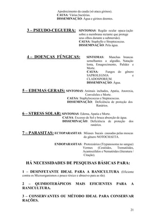 21 
Apodrecimento da cauda (só ataca girinos). CAUSA: Várias bactérias. DISSEMINAÇÃO: Água e girinos doentes. 3 – PSEUDO-CEGUEIRA: SINTOMAS: Região ocular opaca (ação sobre a membrana nictante que protege seus olhos durante a submersão). CAUSA: Staphyllo e Streptococcus. DISSEMINAÇÃO: Pela água. 4 – DOENÇAS FÚNGICAS: SINTOMAS: Manchas brancas semelhantes a algodão, Natação lenta, Emagrecimento, Palidez e Morte. CAUSA: Fungos do gênero SAPROLEGNIA e CLADOSPORIUM. DISSEMINAÇÃO: Água. 5 – EDEMAS GERAIS: SINTOMAS: Animais inchados, Apatia, Anorexia, Convulsões e Morte. CAUSA: Staphylococcus e Steptococcus. DISSEMINAÇÃO: Deficiência de proteção dos Ranários. 6 – STRESS SOLAR: SINTOMAS: Edema, Apatia e Morte. CAUSA: Excesso de Sol e bruca absorção de água. DISSEMINAÇÃO: Deficiência de proteção dos ranários. 7 – PARASITAS: ECTOPARASITAS: Miiases bucais causadas pelas moscas do gênero NOTOCHAETA. ENDOPARASITAS: Protozoários (Trypanosoma no sangue) Vermes (Cestóides, Trematóides, Acantocéfalos e Nematóides (literatura / Citação). HÁ NECESSIDADES DE PESQUISAS BÁSICAS PARA: 1 – DESINFETANTE IDEAL PARA A RANICULTURA (Eficiente contra os Microorganismos e pouco tóxico e abrasivo para as rãs). 2 – QUIMIOTERÁPICOS MAIS EFICIENTES PARA A RANICULTURA. 3 – CONSERVANTES OU MÉTODO IDEAL PARA CONSERVAR RAÇÕES.  