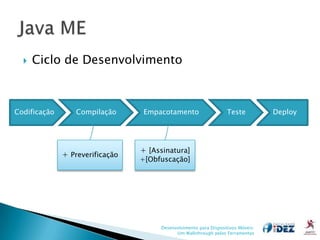    Ciclo de Desenvolvimento



Codificação       Compilação     Empacotamento                    Teste           Deploy




                                 + [Assinatura]
              + Preverificação
                                 +[Obfuscação]




                                      Desenvolvimento para Dispositivos Móveis:
                                            Um Walkthrough pelas Ferramentas
 