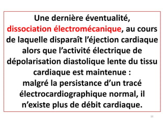 Une dernière éventualité,
dissociation électromécanique, au cours
de laquelle disparaît l’éjection cardiaque
alors que l’activité électrique de
dépolarisation diastolique lente du tissu
cardiaque est maintenue :
malgré la persistance d’un tracé
électrocardiographique normal, il
n’existe plus de débit cardiaque.
10
 