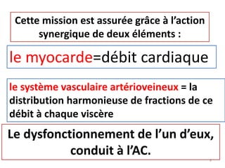 Cette mission est assurée grâce à l’action
synergique de deux éléments :
le myocarde=débit cardiaque
le système vasculaire artérioveineux = la
distribution harmonieuse de fractions de ce
débit à chaque viscère
Le dysfonctionnement de l’un d’eux,
conduit à l’AC. 6
 