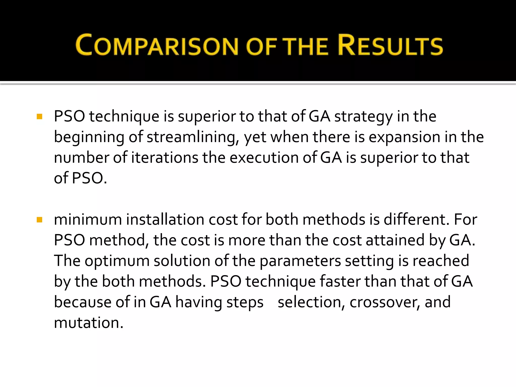  PSO technique is superior to that of GA strategy in the
beginning of streamlining, yet when there is expansion in the
number of iterations the execution of GA is superior to that
of PSO.
 minimum installation cost for both methods is different. For
PSO method, the cost is more than the cost attained by GA.
The optimum solution of the parameters setting is reached
by the both methods. PSO technique faster than that of GA
because of in GA having steps selection, crossover, and
mutation.
 