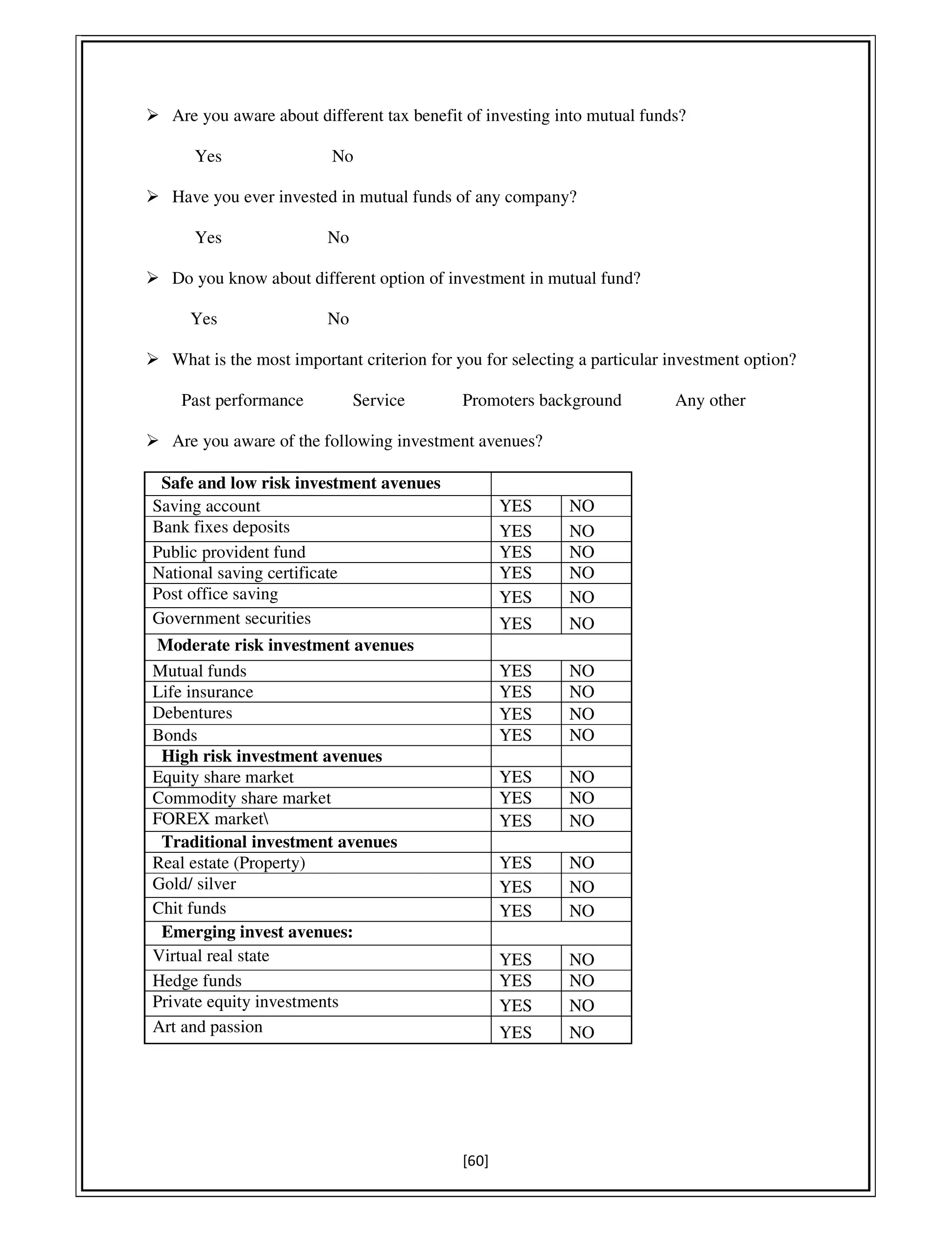 [60]
Are you aware about different tax benefit of investing into mutual funds?
Yes No
Have you ever invested in mutual funds of any company?
Yes No
Do you know about different option of investment in mutual fund?
Yes No
What is the most important criterion for you for selecting a particular investment option?
Past performance Service Promoters background Any other
Are you aware of the following investment avenues?
Safe and low risk investment avenues
Saving account YES NO
Bank fixes deposits YES NO
Public provident fund YES NO
National saving certificate YES NO
Post office saving YES NO
Government securities YES NO
Moderate risk investment avenues
Mutual funds YES NO
Life insurance YES NO
Debentures YES NO
Bonds YES NO
High risk investment avenues
Equity share market YES NO
Commodity share market YES NO
FOREX market YES NO
Traditional investment avenues
Real estate (Property) YES NO
Gold/ silver YES NO
Chit funds YES NO
Emerging invest avenues:
Virtual real state YES NO
Hedge funds YES NO
Private equity investments YES NO
Art and passion YES NO
 