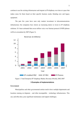 5

continue to use the existing infrastructure and migrate to IP telephony over time at a pace that

makes sense for them based on their specific business needs, blending new and legacy

equipment.

       The past few years have seen only modest investment in telecommunications

infrastructure, but companies have shown an increasing desire to invest in IP telephony

solutions. It’s been estimated that seven million voice over Internet protocol (VOIP) phones

will be in circulation by 2007 (Figure 3).




       Figure 3. Total Enterprise IP Telephony Market: Revenue (World), 2002-2007

                                 3 Examples of Implementations

Government

       Municipalities and other governmental entities tend to have multiple departments and

locations running on disparate – and often incompatible – technology infrastructures. This

can, and often does, pose significant maintenance and support challenges.
 
