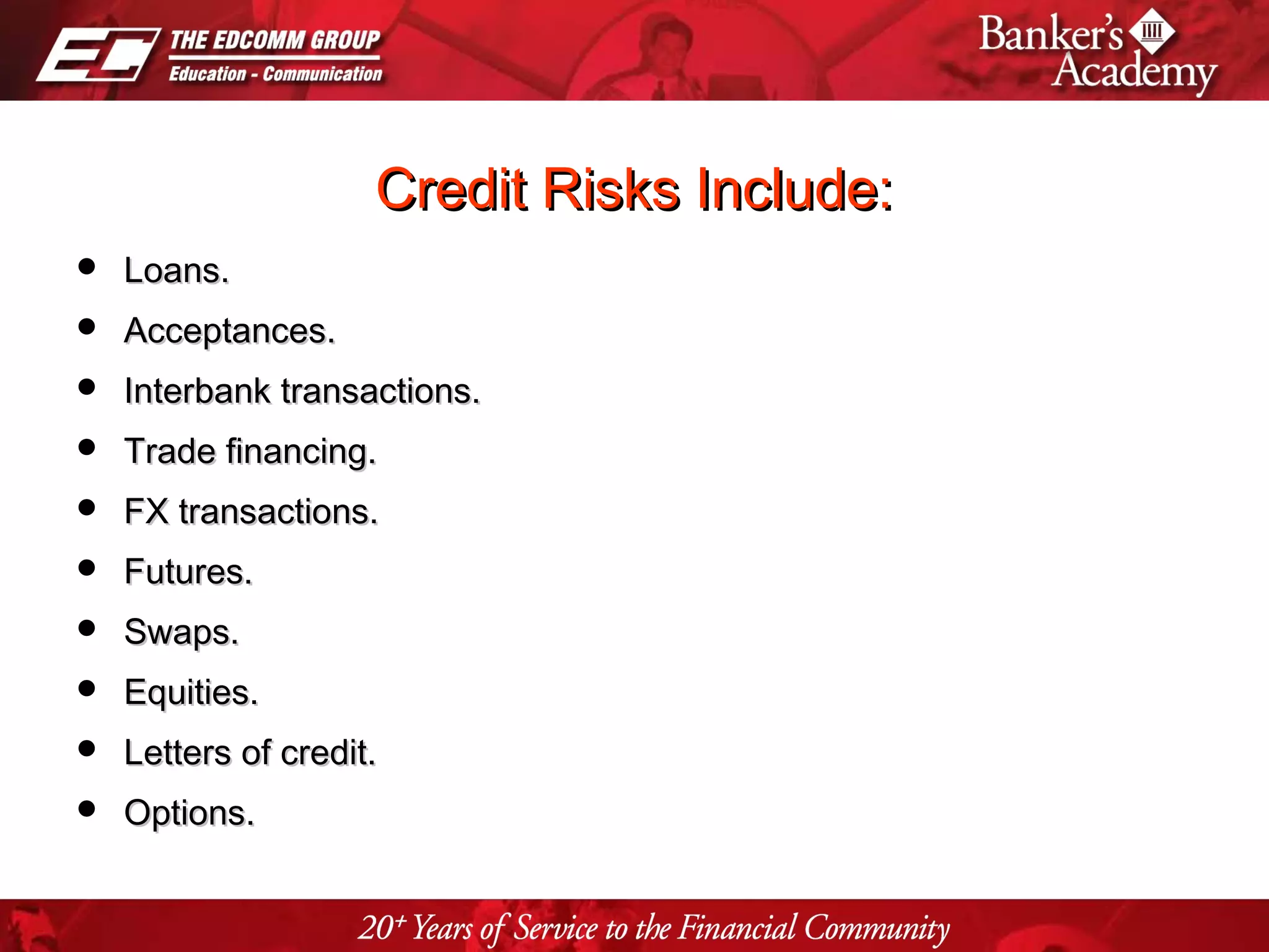Page 14
Credit Risks Include:Credit Risks Include:
 Loans.Loans.
 Acceptances.Acceptances.
 Interbank transactions.Interbank transactions.
 Trade financing.Trade financing.
 FX transactions.FX transactions.
 Futures.Futures.
 Swaps.Swaps.
 Equities.Equities.
 Letters of credit.Letters of credit.
 Options.Options.
 