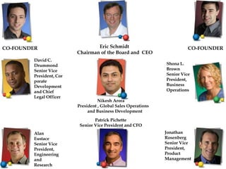 CO-FOUNDER                       Eric Schmidt                            CO-FOUNDER
                         Chairman of the Board and CEO
        David C.
        Drummond                                               Shona L.
        Senior Vice                                            Brown
        President, Cor                                         Senior Vice
        porate                                                 President,
        Development                                            Business
        and Chief                                              Operations
        Legal Officer
                                   Nikesh Arora
                         President , Global Sales Operations
                              and Business Development

                                 Patrick Pichette
                          Senior Vice President and CFO
        Alan                                                   Jonathan
        Eustace                                                Rosenberg
        Senior Vice                                            Senior Vice
        President,                                             President,
        Engineering                                            Product
        and                                                    Management
        Research
 