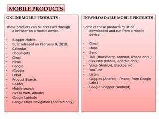 MOBILE PRODUCTS
ONLINE MOBILE PRODUCTS                      DOWNLOADABLE MOBILE PRODUCTS

These products can be accessed through      Some of these products must be
   a browser on a mobile device.               downloaded and run from a mobile
                                               device.
•   Blogger Mobile.
•   Buzz released on February 9, 2010.      •   Gmail
•   Calendar                                •   Maps
•   Documents                               •   Sync
•   Gmail                                   •   Talk (BlackBerry, Android, iPhone only )
•   News                                    •   Sky Map (Mobile, Android only).
•   Google                                  •   Voice (Android, Blackberry).
•   iGoogle                                 •   YouTube
•   Orkut                                   •   Listen
•   Product Search.                         •   Goggles (Android, iPhone; from Google
•   Reader                                      Labs)
•   Mobile search                           •   Google Shopper (Android)
•   Picasa Web. Albums
•   Google Latitude
•   Google Maps Navigation (Android only)
 