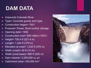 DAM DATA
 Impounds Colorado River
 Type= Concrete gravity arch type
 Construction began= 1931
 Purpose= Power, flood control, storage
 Opening date= 1936
 Construction cost= $49 million (1931)
 Height= 726.4 ft (221.4 m)
 Length= 1,244 ft (379 m)
 Elevation at crest= 1,232 ft (376 m)
 Width (crest)= 45 ft (14 m)
 Width (crest base)= 660 ft (200 m)
 Dam volume= 3,250,000 cu yd
 Catchment area= 435,000 km2
 