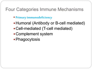 Four Categories Immune Mechanisms
 Primary immunodeficiency
Humoral (Antibody or B-cell mediated)
Cell-mediated (T-cell mediated)
Complement system
Phagocytosis
 