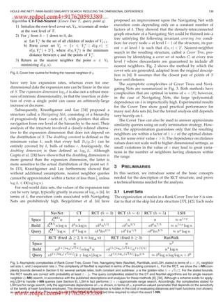 have very low expansion rates, whereas even for one-
dimensional data the expansion rate can be linear in the size
of S. The expansion dimension log2 d is also not a robust mea-
sure of intrinsic dimensionality, in that the insertion or dele-
tion of even a single point can cause an arbitrarily-large
increase or decrease.
Subsequently, Krauthgamer and Lee [34] proposed a
structure called a Navigating Net, consisting of a hierarchy
of progressively ﬁner -nets of S, with pointers that allow
navigation from one level of the hierarchy to the next. Their
analysis of the structure involved a closely-related alterna-
tive to the expansion dimension that does not depend on
the distribution of S. The doubling constant is deﬁned as the
minimum value dÃ such that every ball BSðq; 2rÞ can be
entirely covered by dÃ balls of radius r. Analogously, the
doubling dimension is then deﬁned as log2 dÃ. Although
Gupta et al. [24] have shown that the doubling dimension is
more general than the expansion dimension, the latter is
more sensitive to the actual distribution of the point set S.
In [33], Krauthgamer and Lee furthermore showed that
without additional assumptions, nearest neighbor queries
cannot be approximated within a factor of less than 7
5, unless
log dÃ 2 O log log nð Þ.
For real-world data sets, the values of the expansion rate
can be very large, typically greatly in excess of log2 n [6]. In
terms of d, the execution costs associated with Navigating
Nets are prohibitively high. Beygelzimer et al. [6] have
proposed an improvement upon the Navigating Net with
execution costs depending only on a constant number of
factors of d. They showed that the densely-interconnected
graph structure of a Navigating Net could be thinned into a
tree satisfying the following invariant covering tree condi-
tion: for every node u at level l À 1 of the structure, its par-
ent v at level l is such that dðu; vÞ  2l
. Nearest-neighbor
search in the resulting structure, called a Cover Tree, pro-
gresses by identifying a cover set of nodes Cl at every tree
level l whose descendants are guaranteed to include all
nearest neighbors. Fig. 2 shows the method by which the
cover sets are generated, adapted from the original descrip-
tion in [6]. It assumes that the closest pair of points of S
have unit distance.
The asymptotic complexities of Cover Trees and Navi-
gating Nets are summarized in Fig. 3. Both methods have
complexities that are optimal in terms of n ¼ jSj; however,
in the case of Navigating Nets, the large (polynomial)
dependence on d is impractically high. Experimental results
for the Cover Tree show good practical performance for
many real data sets [6], but the formal analysis still depends
very heavily on d.
The Cover Tree can also be used to answer approximate
similarity queries using an early termination strategy. How-
ever, the approximation guarantees only that the resulting
neighbors are within a factor of 1 þ  of the optimal distan-
ces, for some error value   0. The dependence on distance
values does not scale well to higher dimensional settings, as
small variations in the value of  may lead to great varia-
tions in the number of neighbors having distances within
the range.
3 PRELIMINARIES
In this section, we introduce some of the basic concepts
needed for the description of the RCT structure, and prove
a technical lemma needed for the analysis.
3.1 Level Sets
The organization of nodes in a Rank Cover Tree for S is sim-
ilar to that of the skip list data structure [37], [42]. Each node
Fig. 2. Cover tree routine for ﬁnding the nearest neighbor of q
Fig. 3. Asymptotic complexities of Rank Cover Tree, Cover Tree, Navigating Nets (NavNet), RanWalk, and LSH, stated in terms of n ¼ jSj, neighbor
set size k, and 2-expansion rate d. The complexity of NavNet is reported in terms of the doubling constant dÃ. For the RCT, we show the k-NN com-
plexity bounds derived in Section 5 for several sample rates, both constant and sublinear. f is the golden ratio ð1 þ
ﬃﬃﬃ
5
p
Þ=2. For the stated bounds,
the RCT results are correct with probability at least 1 À 1
nc. The query complexities stated for the CT and NavNet algorithms are for single nearest-
neighbor (1-NN) search, in accordance with the published descriptions and analyses for these methods [6], [34]. Although a scheme exists for apply-
ing LSH to handle k-NN queries (see Section 6), LSH in fact performs ð1 þ Þ-approximate range search. Accordingly, the complexities stated for
LSH are for range search; only the approximate dependence on n is shown, in terms of r, a positive-valued parameter that depends on the sensitivity
of the family of hash functions employed. The dimensional dependence is hidden in the cost of evaluating distances and hash functions (not shown),
as well as the value of r. The query bound for RanWalk is the expected time required to return the exact 1-NN.
HOULE AND NETT: RANK-BASED SIMILARITY SEARCH: REDUCING THE DIMENSIONAL DEPENDENCE 139
www.redpel.com4+917620593389
www.redpel.com4+917620593389
 