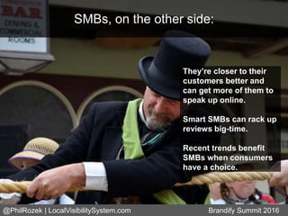 SMBs, on the other side:
They’re closer to their
customers better and
can get more of them to
speak up online.
Smart SMBs ...