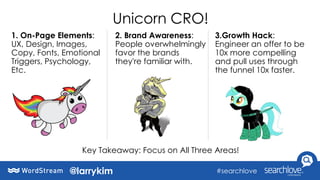 Unicorn CRO!
1. On-Page Elements:
UX, Design, Images,
Copy, Fonts, Emotional
Triggers, Psychology,
Etc.
2. Brand Awareness...