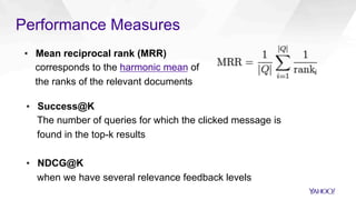 Performance Measures
▪  Mean reciprocal rank (MRR)
corresponds to the harmonic mean of
the ranks of the relevant documents...