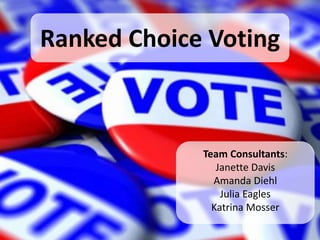 Ranked Choice Voting
Team Consultants:
Janette Davis
Amanda Diehl
Julia Eagles
Katrina Mosser
 